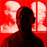 A red, white, and black graphic featuring the head and shoulders of a guy in a skin tight black latex mask